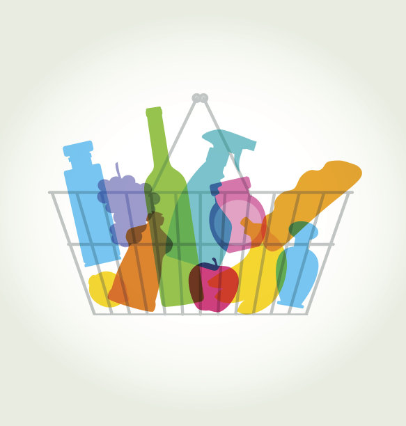 一个带有彩色杂货店剪影的购物篮图片下载