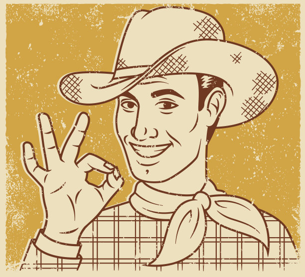 复古丝网印刷微笑英俊的牛仔线艺术插图图片下载