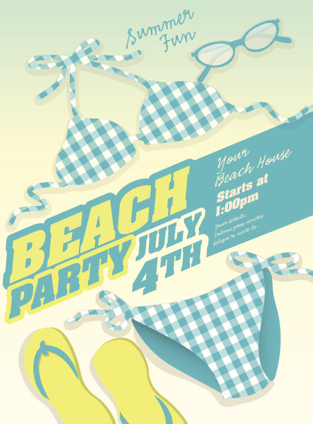格子蓝色比基尼和海滩派对邀请设计模板图片下载
