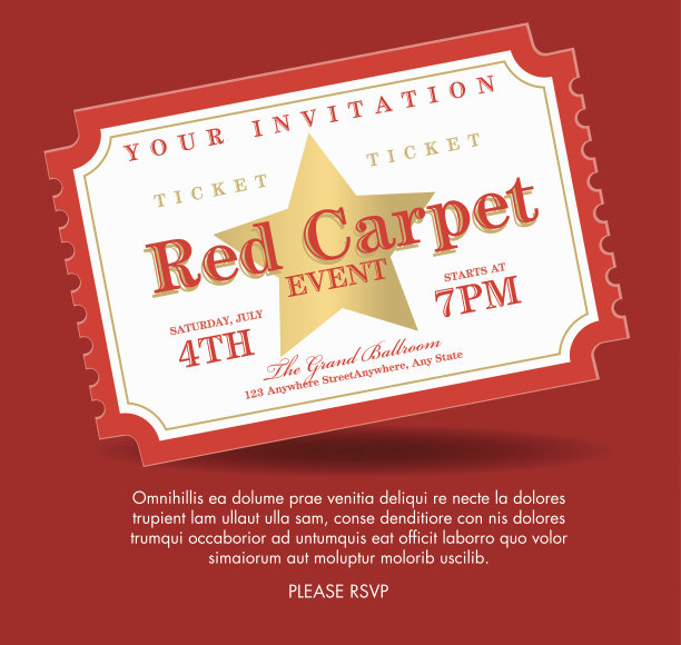 复古风格的红地毯上的黄金活动门票邀请模板图片下载