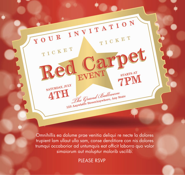 复古风格的白色和金色地毯活动门票邀请模板图片下载
