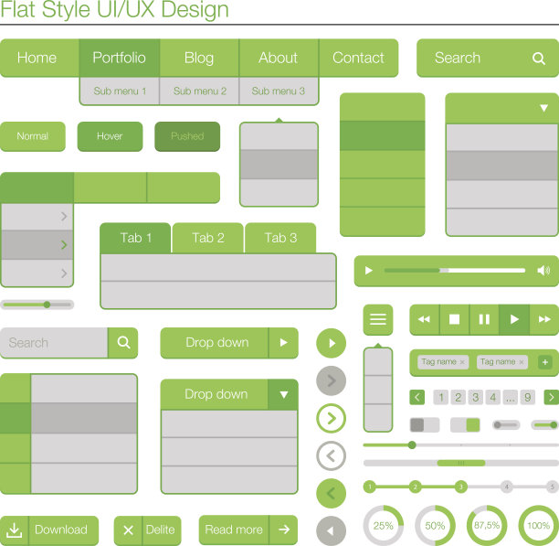UI/UX平面设计，绿色和灰色的图表布局在网格中图片下载