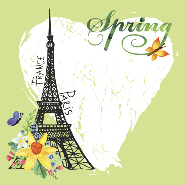 巴黎复古春装卡片。埃菲尔铁塔,水彩花图片下载