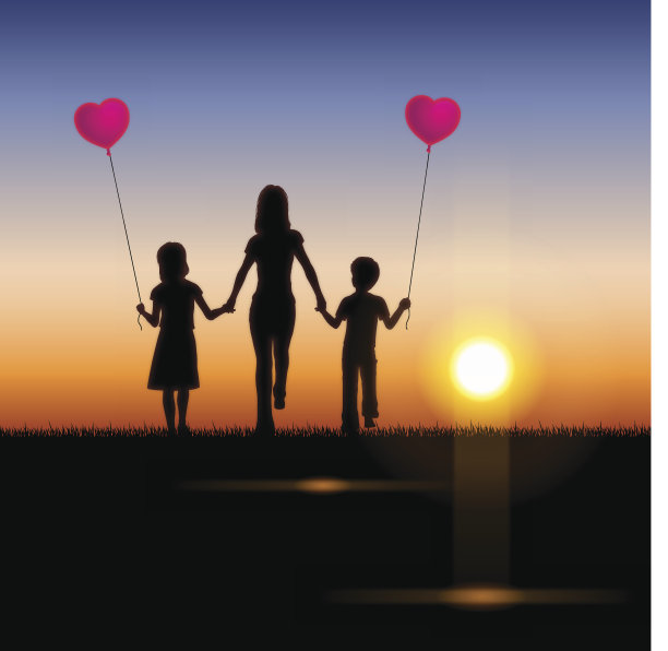 母亲节的背景[夕阳中的母亲和孩子们]图片下载