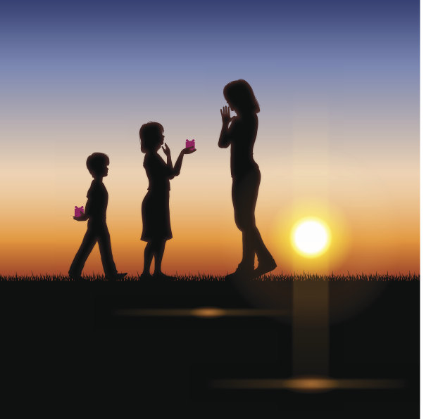 母亲节的背景[夕阳中的母亲和孩子们]图片下载