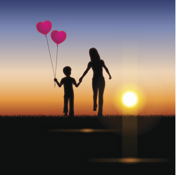 母亲节的背景[夕阳中的母亲和孩子]图片下载