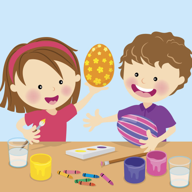 两个孩子正在画复活节彩蛋图片下载