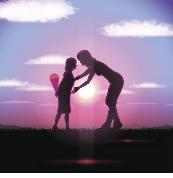 母亲节的背景[夕阳中的母亲和孩子]图片下载