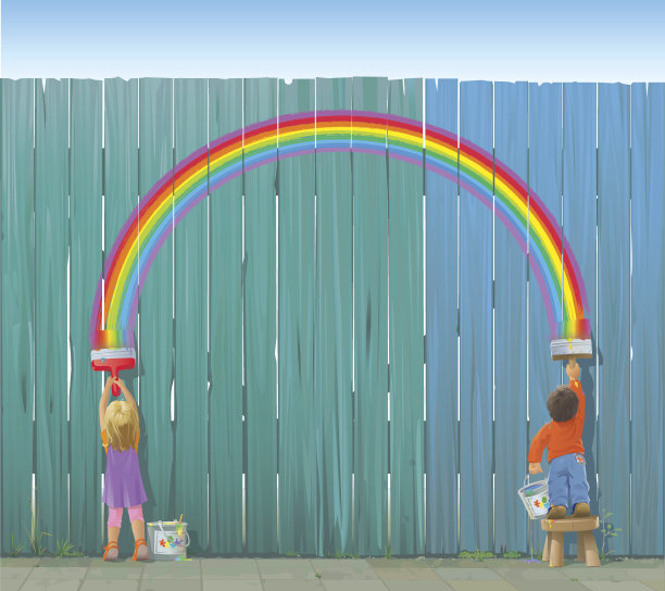 两个孩子在篱笆上画彩虹图片下载