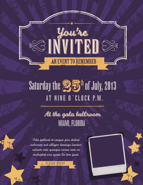 紫色和黄色主题复古复古的邀请设计模板图片下载