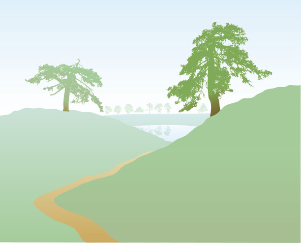 简单的绿色山丘插图与路径和两棵树图片下载