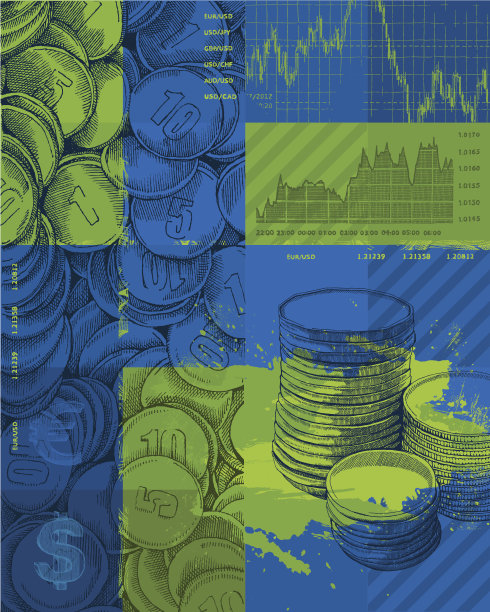 蓝色和绿色金融背景与图形和硬币图片下载