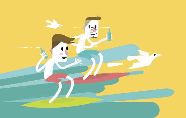 两个年轻的冲浪运动员在冲浪。图片下载