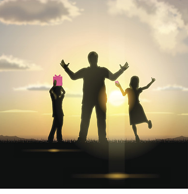 父亲节的背景[夕阳中的父亲和孩子们]图片下载