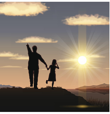 父亲节背景：[夕阳下的父与子]图片下载