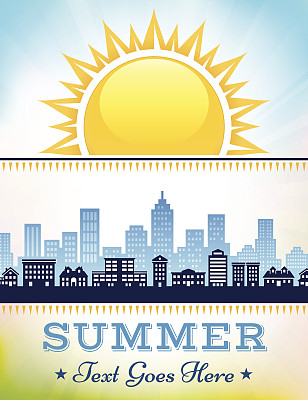 全景城市天际线夏季海报与蓝天的背景图片下载
