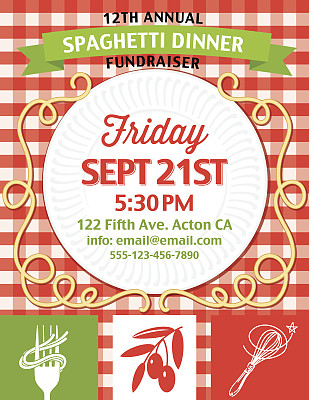 意大利面晚餐募捐邀请垂直模板在红色格子桌布图片下载