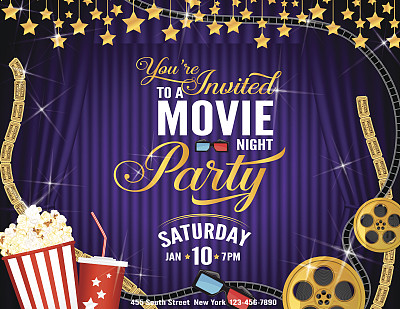 电影夜派对水平邀请模板与紫色窗帘背景图片下载