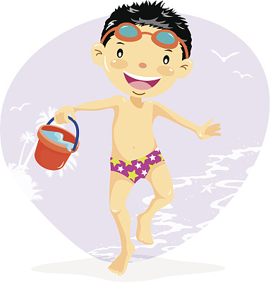 在海滩上背着水桶的男孩图片下载