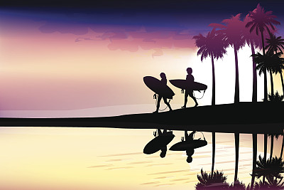 年轻人沿着海滩走着棕榈树图片下载