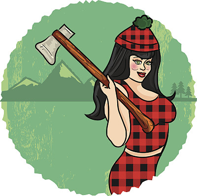 别在红色法兰绒格子斧性感的伐木工女孩图片下载