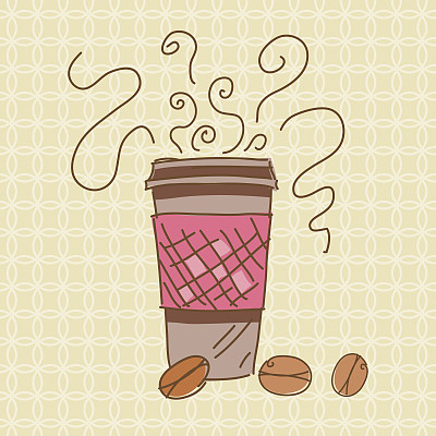 在一个简单的图案背景上涂鸦咖啡图标。图片下载