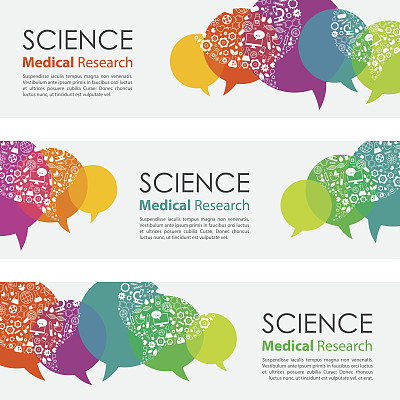 科学医学研究横幅和图标集图片下载
