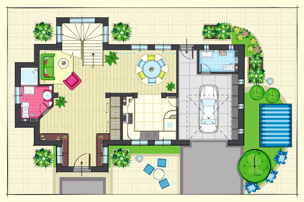 住宅平面图与家具俯视图图片下载