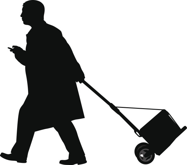 穿夹克的男人拉着购物车的剪影图片下载