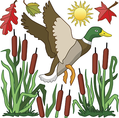 飞天野鸭和香蒲的色彩设计元素图片下载