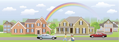 住宅区的邻居有孩子玩耍，汽车和彩虹图片下载