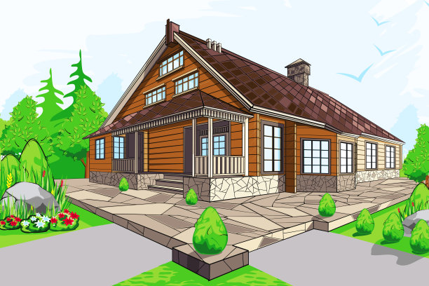 带花园的现代住宅的彩色素描图片下载