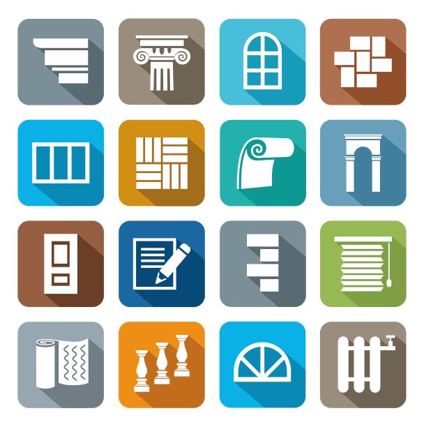 彩色平面图标建设，修复，装饰材料。图片下载