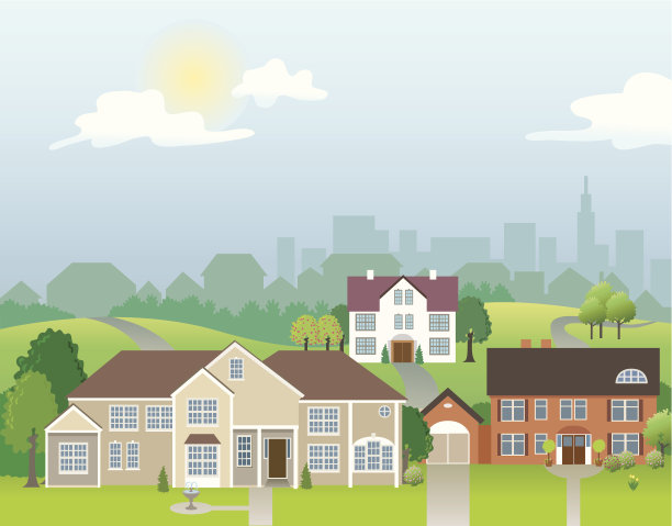 有花园和树木的三家社区住宅图片下载