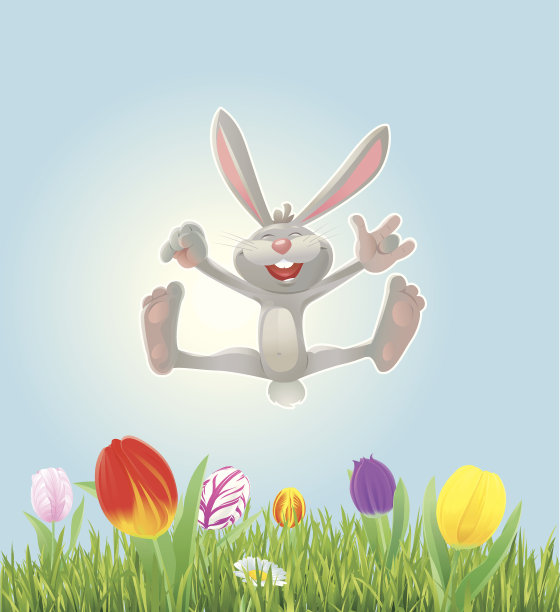 带着草和郁金香的复活节兔子快乐图片下载
