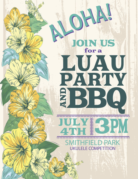 夏威夷派对邀请与木槿花和棕榈叶图片下载