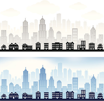 郊区社区与城市天际线全景版税免费矢量图形图片下载