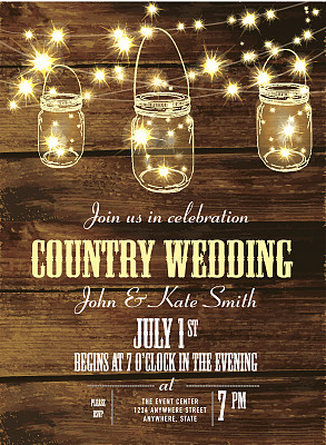 乡村婚礼请柬设计模板坛子和串灯图片下载