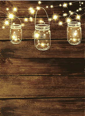 木制背景与罐子和绳子灯图片下载