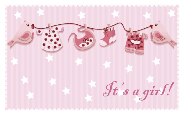 粉色女孩鸟洗衣绳婴儿布卡片模板向量图片下载