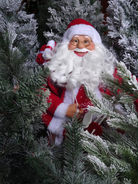 圣诞老人玩具小雕像穿过圣诞树森林的形象图片下载