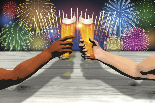 慕尼黑啤酒节背景[烟花、木板和啤酒]图片下载