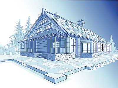 蓝色调的房子草图素材图片