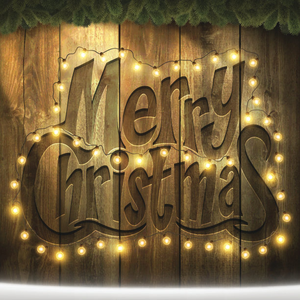 圣诞背景有圣诞彩灯、花环、雪花，挂在木墙上图片下载