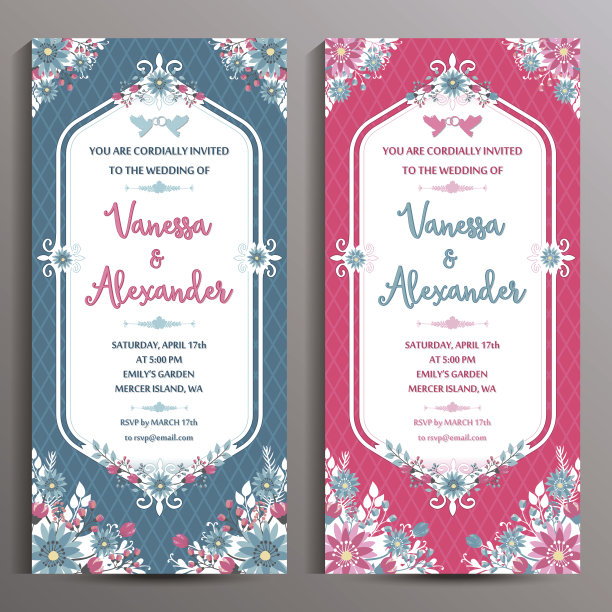 婚礼的邀请。两张花立式卡片，大小为10x21厘米图片下载
