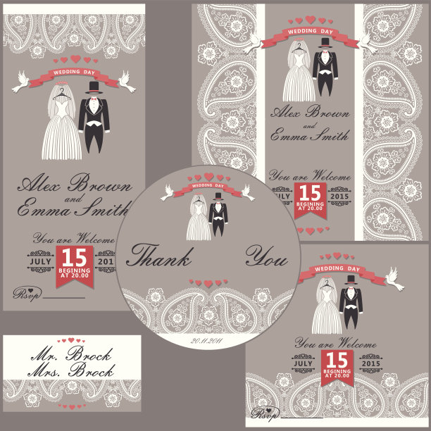 婚礼设计模板与佩斯利边界，卡通婚礼服装图片下载