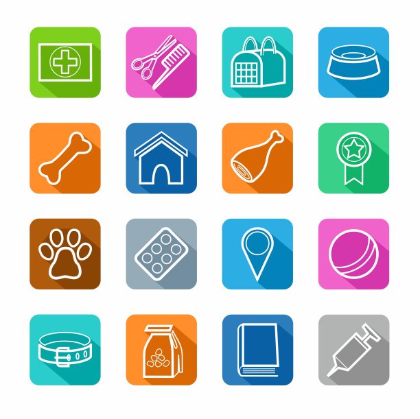 图标，动物护理，白色轮廓，带阴影的彩色背景。图片下载