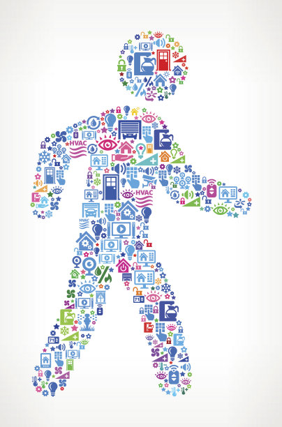 在家庭自动化和安全矢量背景上行走的简笔画人物图片下载