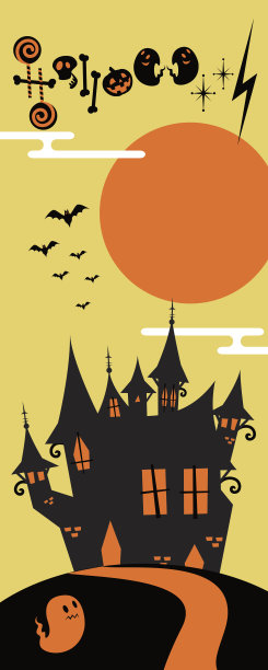 垂直的万圣节横幅，山上怪异的城堡，蝙蝠飞翔，幽灵图片下载