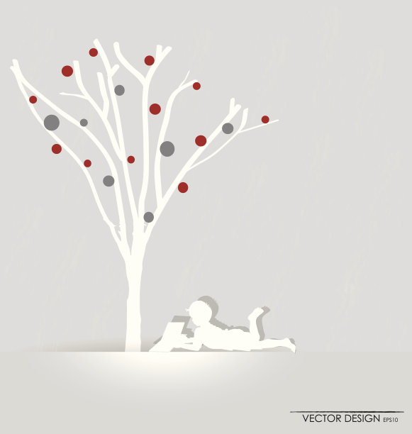 矢量背景下的孩子在树下看书。图片下载